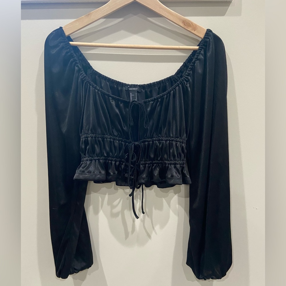 Front Tie Black Long Sleeve Shirt